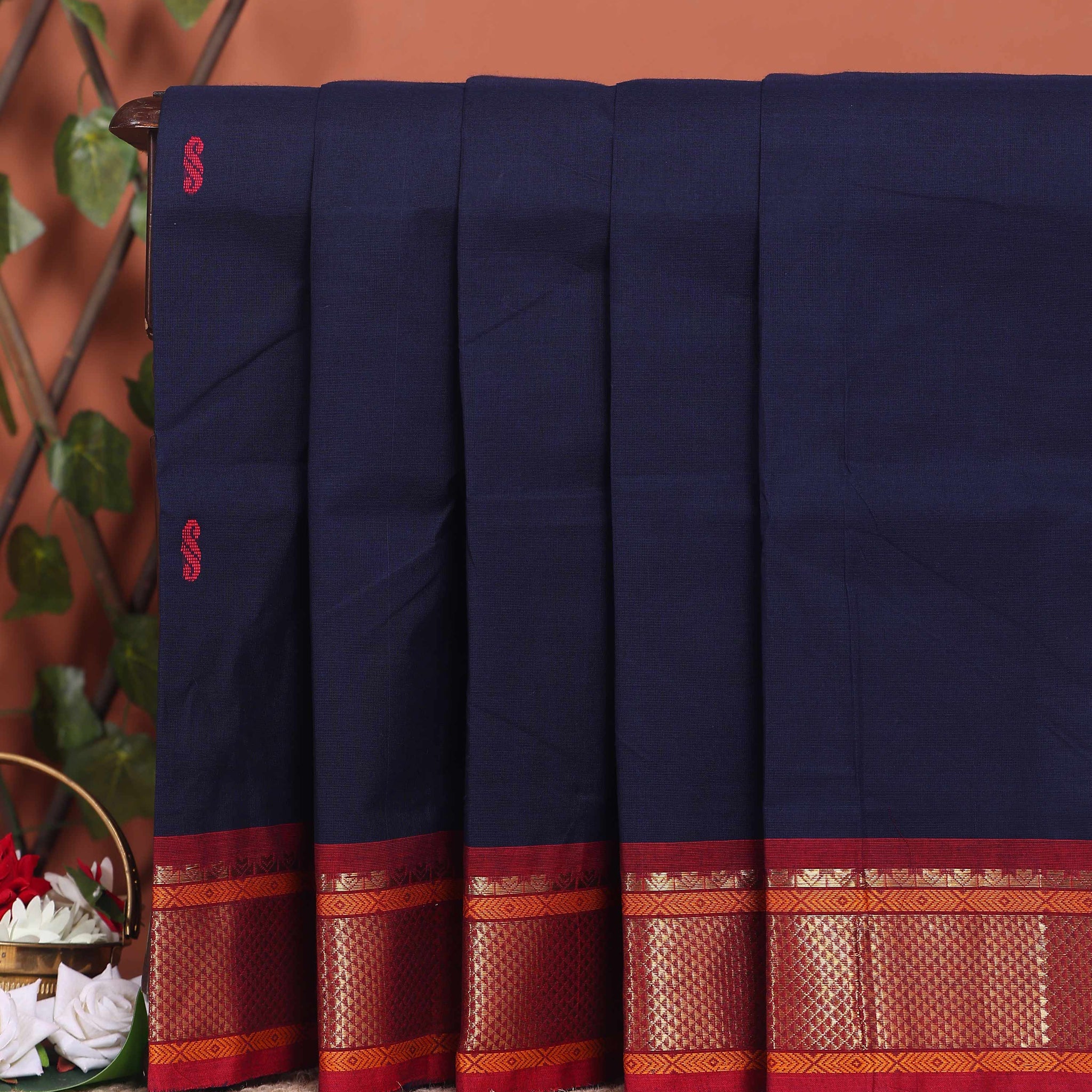 Traditional Chettinad Cotton Saree with Rich Zari Border and Fine Handloom Weave - Navy Blue
