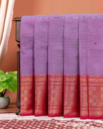 Traditional Handwoven Chettinad Cotton Saree with All Over Checks Ornate Zari Border Detailing - Purple