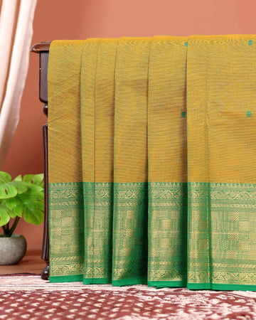 Traditional Handwoven Chettinad Cotton Saree with All Over Checks Ornate Zari Border Detailing - Olive Green