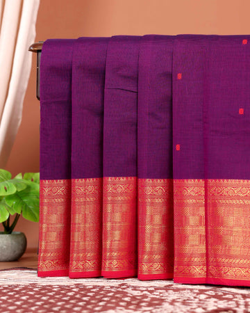 Traditional Handwoven Chettinad Cotton Saree with All Over Checks Ornate Zari Border Detailing - Dark Purple