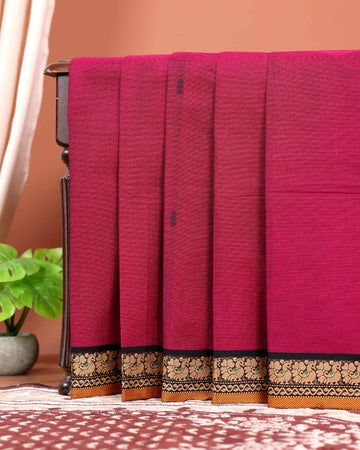 Traditional Chettinad Cotton Saree with Traditional Floral Zari Border  - Dark Pink