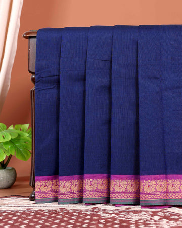 Traditional Chettinad Cotton Saree with Traditional Floral Zari Border  - Navy Blue
