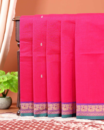 Traditional Chettinad Cotton Saree with Traditional Peacock Motif Border and Butta Designs - Pink