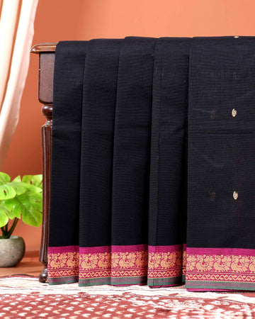 Traditional Chettinad Cotton Saree with Traditional Peacock Motif Border and Butta Designs - Black