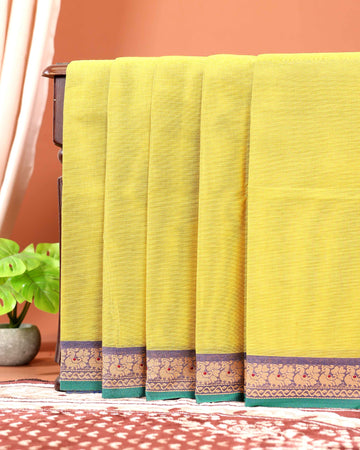 Traditional Chettinad Cotton Saree with Traditional Peacock & Floral Zari Border - Yellow
