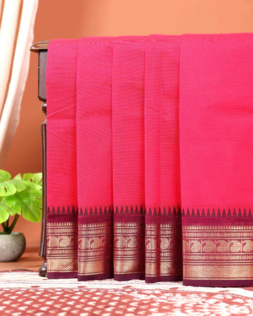 Traditional Chettinad Cotton Saree with Classic Solid Weave and Contrasting Zari Border - Pink