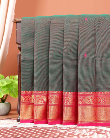 Traditional Chettinad Cotton Saree with Intricate Zari Woven Border and Subtle Butti Motifs - Green