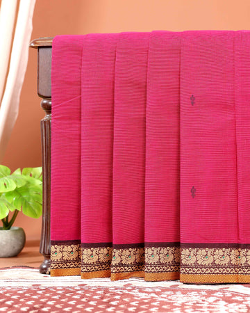 Traditional Chettinad Cotton Saree with Traditional Peacock Motif Border and Butta Design - Pink