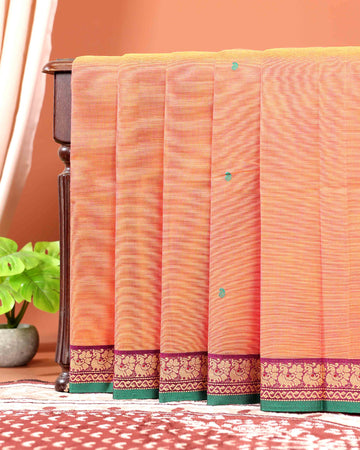 Traditional Chettinad Cotton Saree with Traditional Peacock Motif Border and Butta Design - Orange