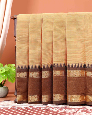 Traditional Chettinad Cotton Saree with Intricate Zari Woven Border and Subtle Butta Motifs - Brown