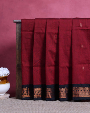 Traditional Kalyani Cotton Saree with Traditional Zari Woven Border and Elegant Temple Motif Detailing - Maroon