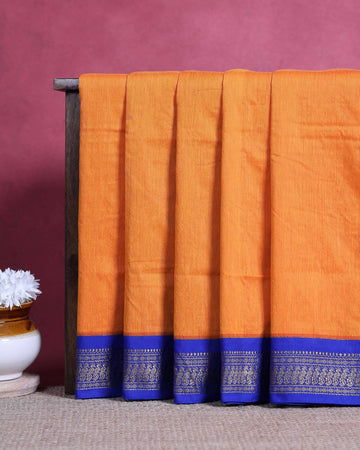 Traditional Kalyani Cotton Saree with Woven Zari Border and Elegant Temple Inspired Motifs - Orange
