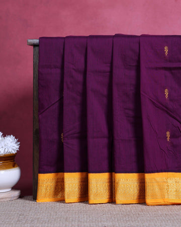 Traditional Kalyani Cotton Saree with Traditional Gold Zari Border and Elegant Woven Butta Detailing - Dark Purple