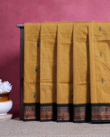 Traditional Kalyani Cotton Saree with Traditional Zari Border and Elegant Woven Butta Motifs - Mustard
