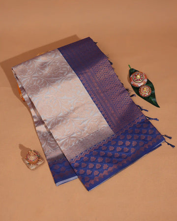 Litchi Silk Saree for Women with Intricate Floral Jacquard Weave and Traditional Zari Woven Border - Grey