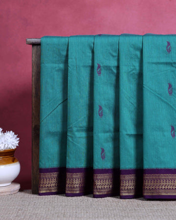 Traditional Kalyani Cotton Saree with Traditional Zari Border and Elegant Paisley Butta Motifs - Teal