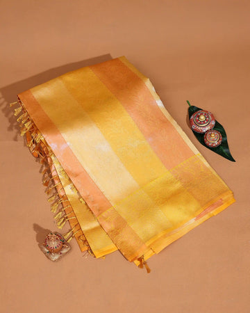 Litchi Silk Saree for Women with Woven Stripes Floral Motifs and Floral Woven Border - Multi