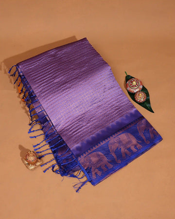 Litchi Silk Saree for Women with Checked Body Traditional Elephant Motif Border and Tasselled Pallu - Purple