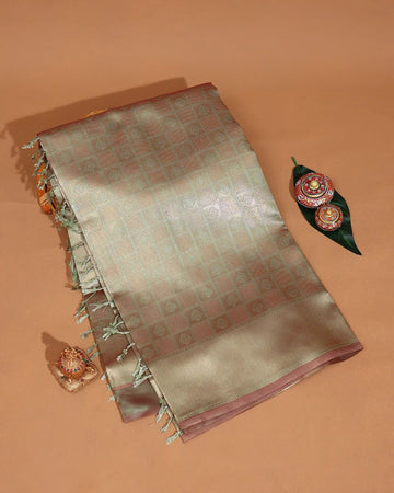 Litchi Silk Saree for Women with Checked Pattern Floral Motifs Woven Zari and Tasselled Pallu - Multi