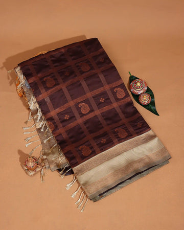 Litchi Silk Saree for Women with Traditional Woven Checks Floral Motifs Contrast Zari Border and Tasselled Pallu - Dark Wine