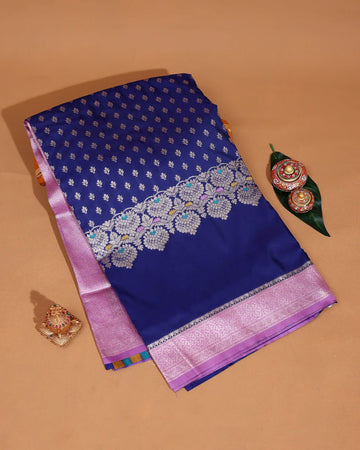 Litchi Silk Saree for Women with Intricate Floral Weave Traditional Zari Border and Detailed Pallu - Blue