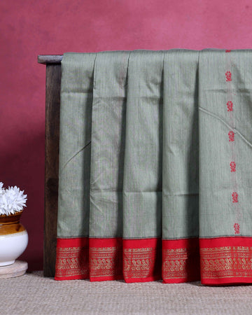 Traditional Kalyani Handwoven Cotton Saree with Traditional Zari Woven Border and Delicate Butta Motifs - Grey