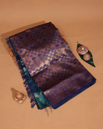 Litchi Silk Saree for Women with Intricate Woven Checks Traditional Floral Motifs and Ornate Floral Zari Border - Purple