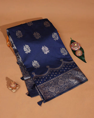 Litchi Silk Saree for Women with Intricate Floral Motifs Scalloped Floral Border and Ornate Zari Pallu - Blue