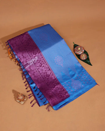 Litchi Silk Saree for Women with Intricate Floral Jacquard Border Traditional Paisley Motifs and Elegant Tassel Pallu - Blue
