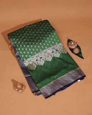 Litchi Silk Saree for women with Intricate Floral Border Woven Floral Motifs and Traditional Designer Pallu - Green