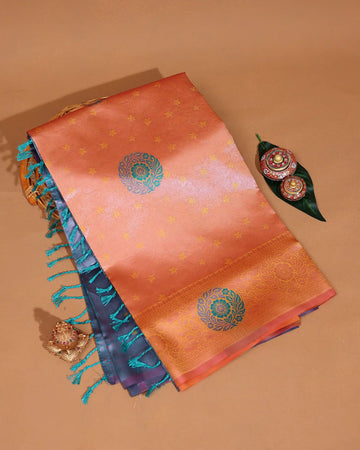 Litchi Silk Saree for Women with Intricate Floral Motifs Elaborate Floral Woven Border and Traditional Tasselled Pallu - Orange