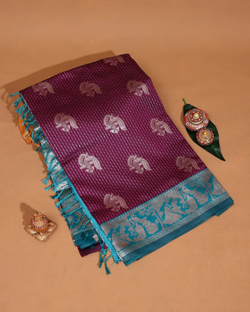 Litchi Silk Saree for Women with Traditional Peacock Motifs Intricate Woven Stripes Detailed Zari Border and Tasselled Pallu - Wine