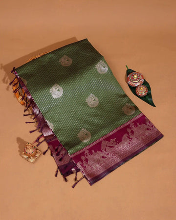 Litchi Silk Saree with Striped Body Woven Traditional Butta Motifs and Mythological Zari Storytelling Border - Green