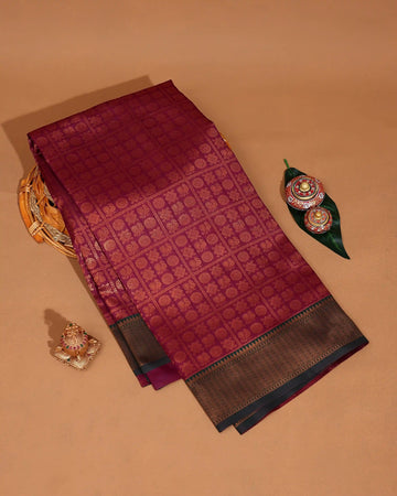 Litchi Silk Saree for Women with Checked Pattern Intricate Peacock Motifs and Traditional Woven Zari Border - Magenta
