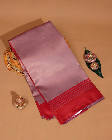 Litchi Silk Saree for Women with Solid Body Traditional Zari Style Striped Border and Contrast Pallu - Rose Gold