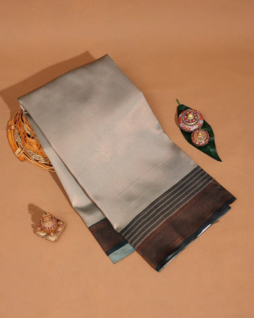 Litchi Silk Saree for Women with Solid Body and Traditional Zari Striped Border - Sage Green