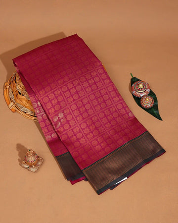 Litchi Silk Saree for Women with Checked Pattern Intricate Peacock Motifs and Traditional Woven Zari Border - Deep Magenta