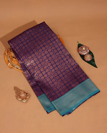 Litchi Silk Saree for Women with Checked Pattern Intricate Peacock Motifs and Traditional Woven Zari Border - Purple