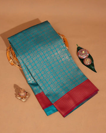 Litchi Silk Saree for Women with Checked Pattern Intricate Peacock Motifs and Traditional Woven Zari Border - Teal Blue