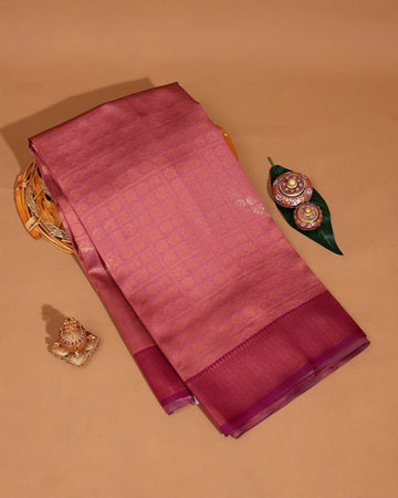 Litchi Silk Saree for Women with Checked Pattern Intricate Peacock Motifs and Traditional Woven Zari Border - Pink