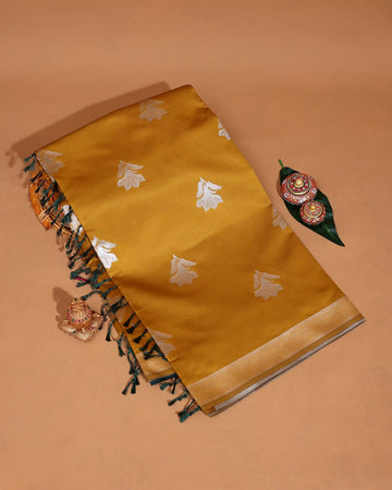 Litchi Silk Saree for Women with Woven Floral Motifs Zari Border and Traditional Tassel Detailing - Mustard Yellow