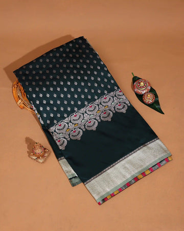 Litchi Silk Saree for Women with Intricate Floral Border Woven Floral Motifs and Traditional Designer Pallu - Dark Green