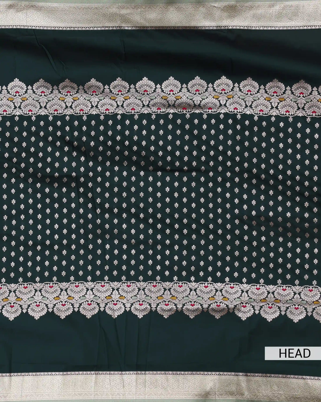 Litchi Silk Saree for Women with Intricate Floral Border Woven Floral Motifs and Traditional Designer Pallu - Dark Green