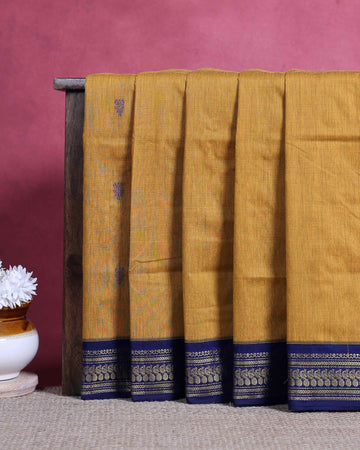 Traditional Kalyani Cotton Saree with Traditional Zari Woven Border and Subtle Butta Motifs - Mustard