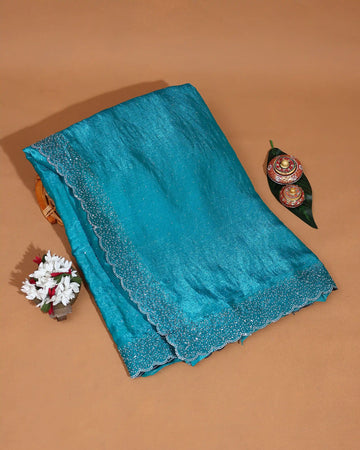 Designer Saree for Women with Solid Body Intricate Stone Work and Lace Border - Teal