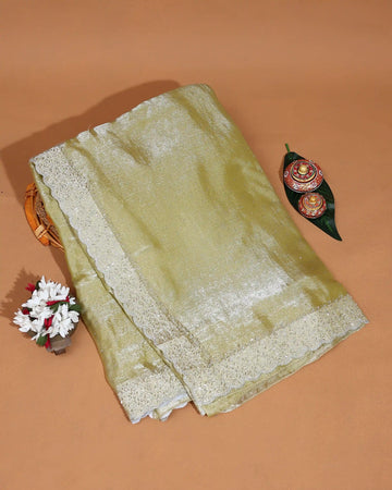 Designer Saree for Women with Solid Body Intricate Stone Work and Lace Border - Olive Green