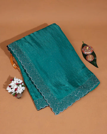 Designer Saree for Women with Solid Body Intricate Stone Work and Lace Border - Green