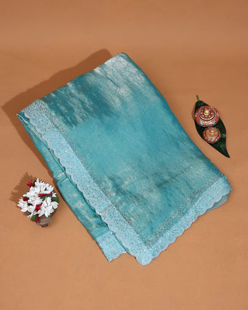 Designer Saree for Women with Solid Body Intricate Stone Work and Lace Border - Aqua Blue