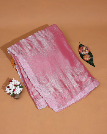 Designer Saree for Women with Solid Body Intricate Stone Work and Lace Border - Pink