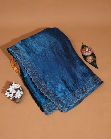 Designer Saree for Women with Solid Body Intricate Stone Work and Lace Border - Blue